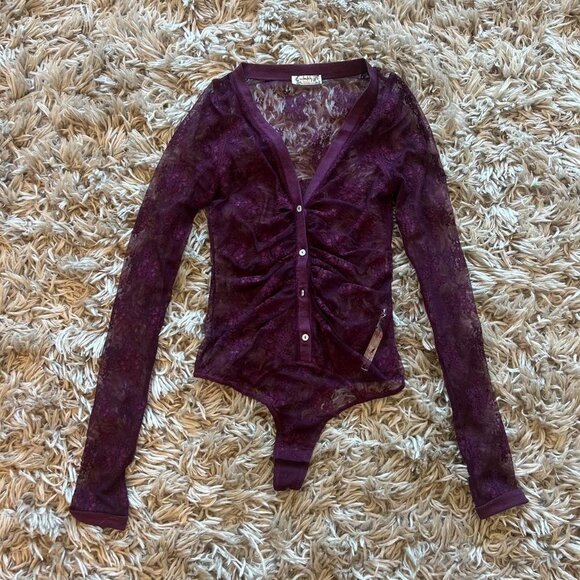 Free People Intimately Light Year Bodysuit XS Burgundy Sheer Mesh Snap Closure - Picture 4 of 6